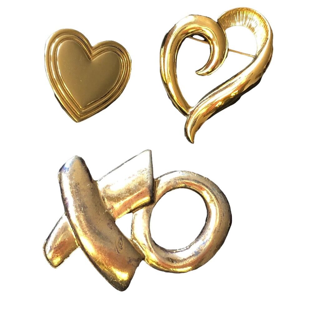 Napier & Variety Club Signed Heart Love XO Kisses Gold Tone Thee Brooch Pin Lot